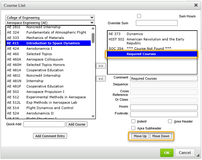 Screenshot of the Move Up and Move Down buttons highlighted