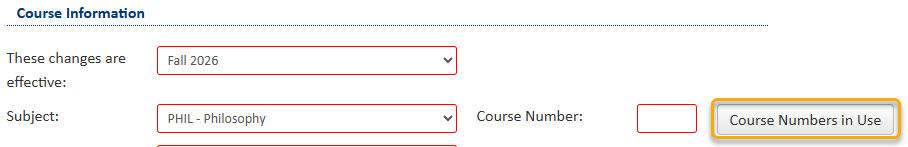 Screenshot of Course Numbers in Use button highlighted