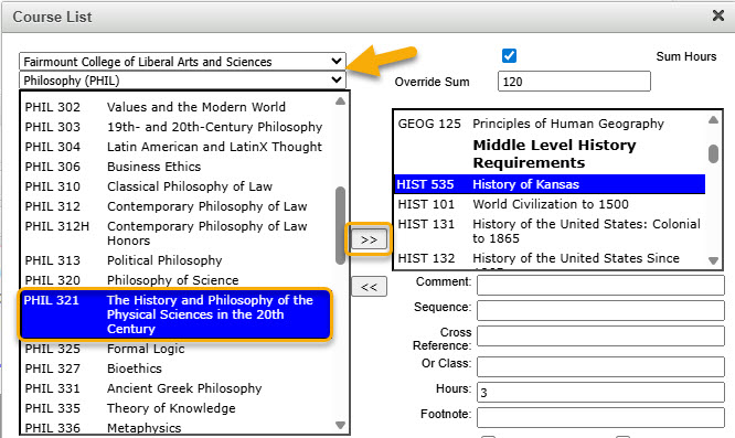 Screenshot of adding course to table with right arrows