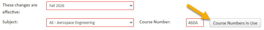 Screenshot of Course Numbers in Use button highlighted