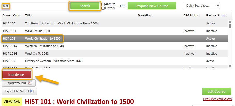 Screenshot showing how to find course to inactivate in CIM