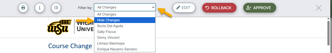 Screenshot showing how to hide changes on proposal