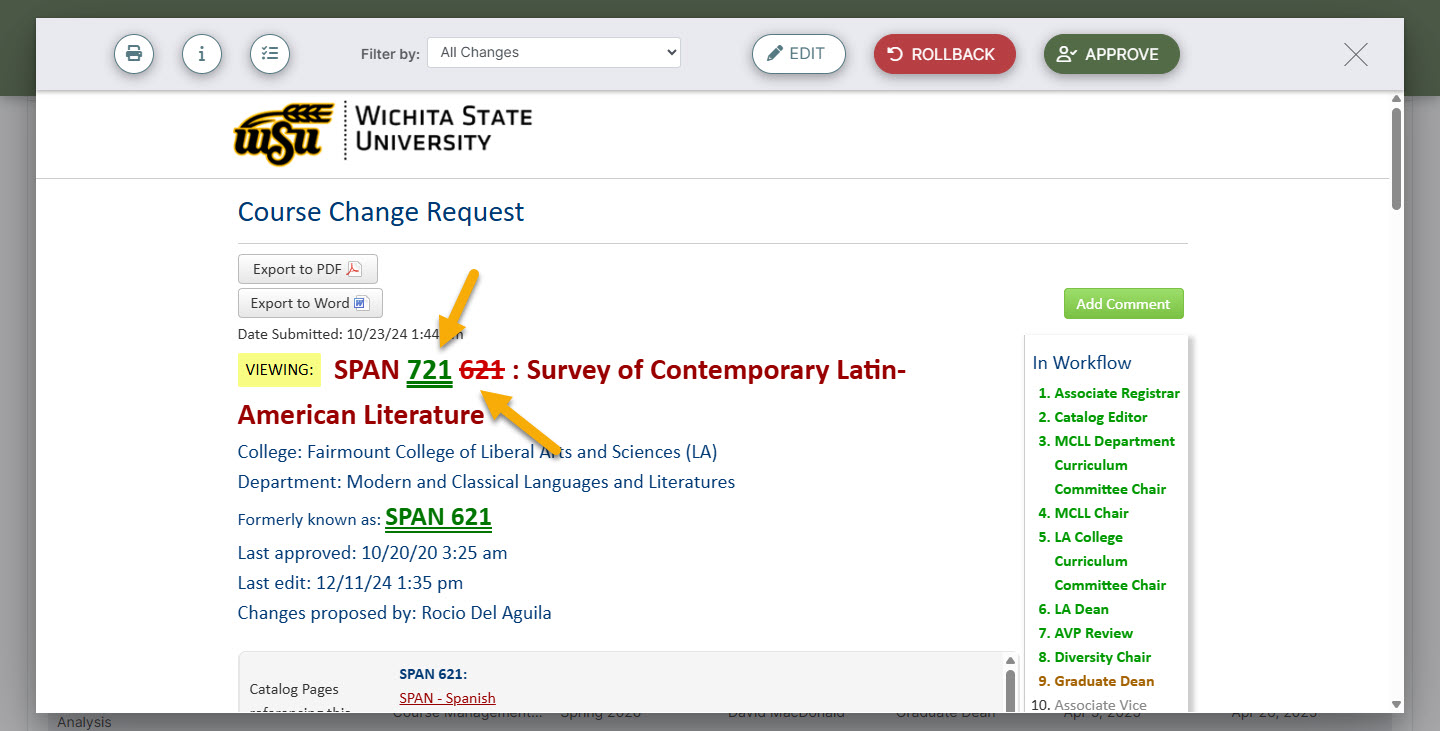 Screenshot highlighting red and green markup on SPAN 721 course proposal