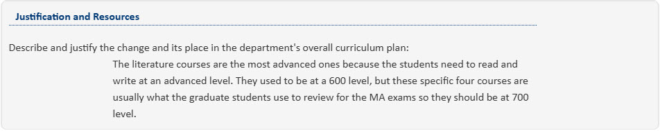 Screenshot of Justification and Resources section of proposal