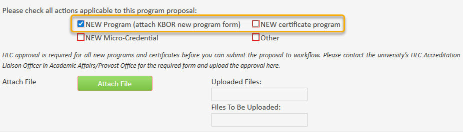 Screenshot for new program and certificate additional HLC questions