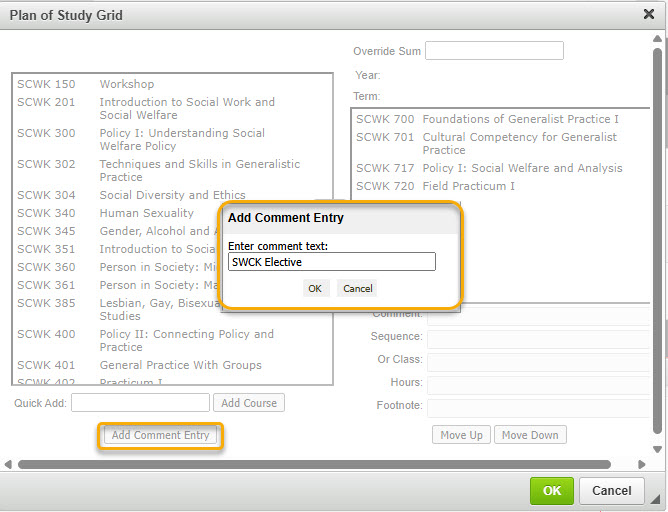 Screenshot of adding a comment to table