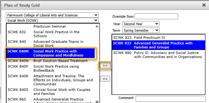 Screenshot of adding course to table with right arrows