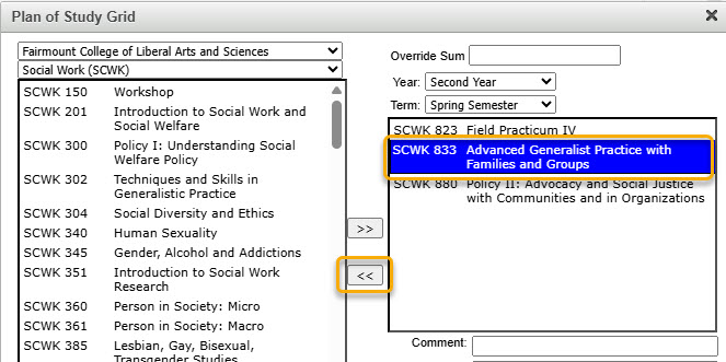 Screenshot showing how to remove a course from the table