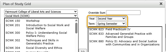 Screenshot with Year and Term highlighted on Plan of Study table editor