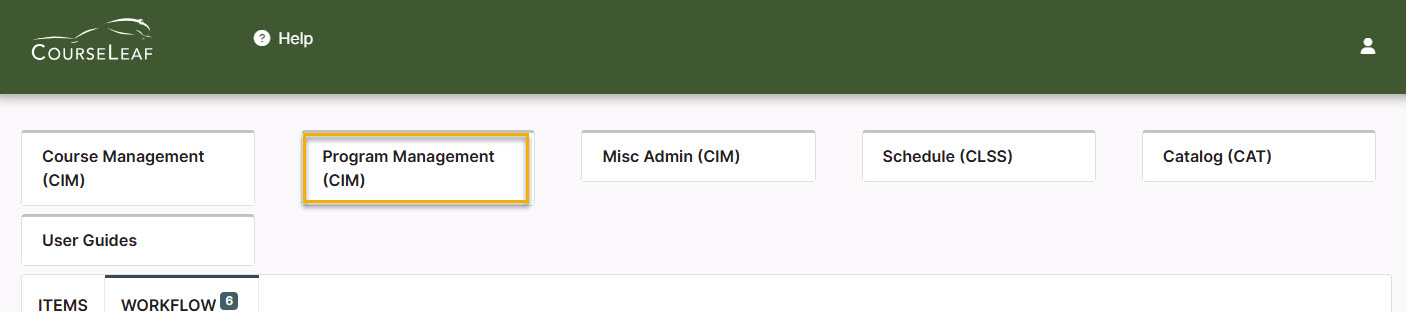 Screenshot of Dashboard with Program Management (CIM) Tile Highlighted