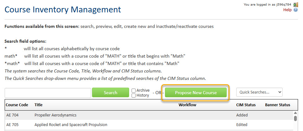 Screenshot of CIM with Propose New Course button highlighted