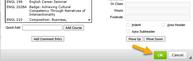 Screenshot of OK button to save Course Table edits