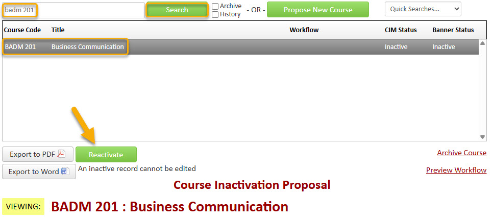 Screenshot showing how to find course to reactivate in CIM