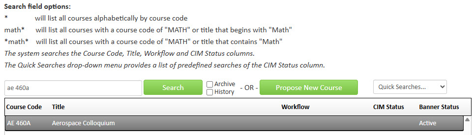 Screenshot of search for AE 460A in CIM