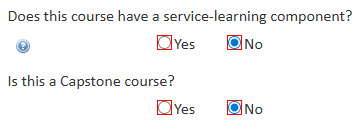 Screenshot of service-learning and capstone questions