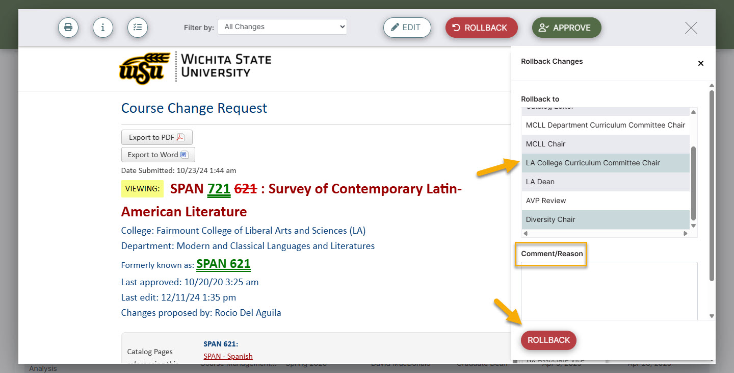Screenshot showing steps of rollback