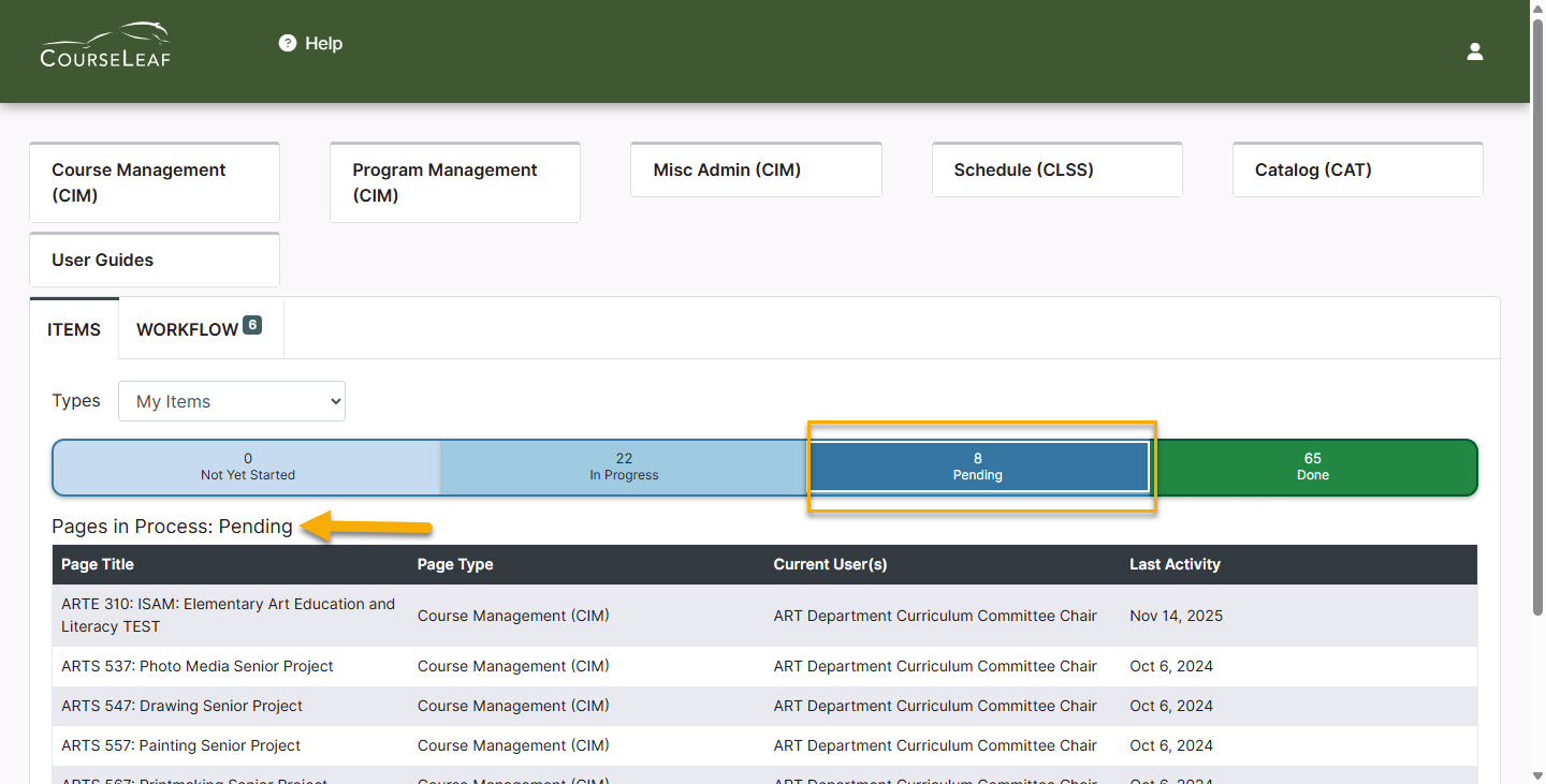 Screenshot of dashboard with Pending status highlighted