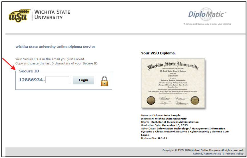 computer image showing screen where student enters their secure ID