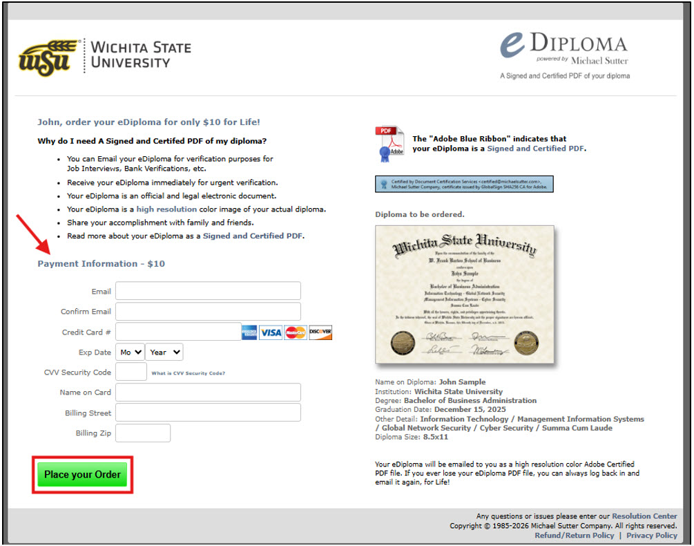 computer image showing payment screen
