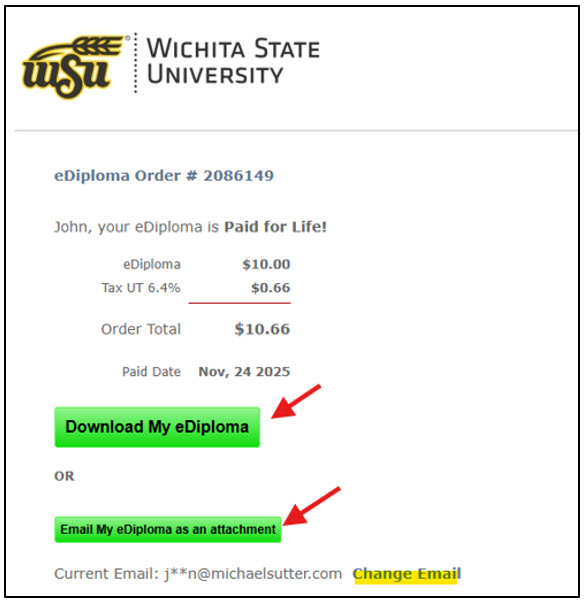 Computer image showing example receipt with Order Number.