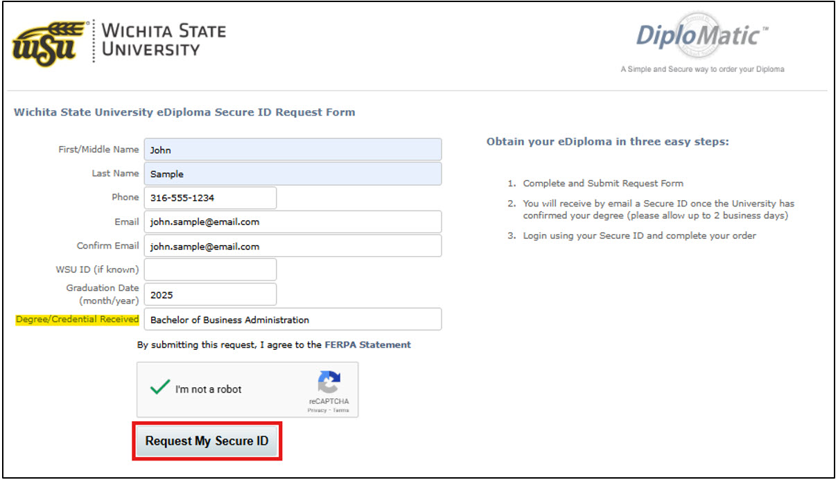 Computer image of the request form.