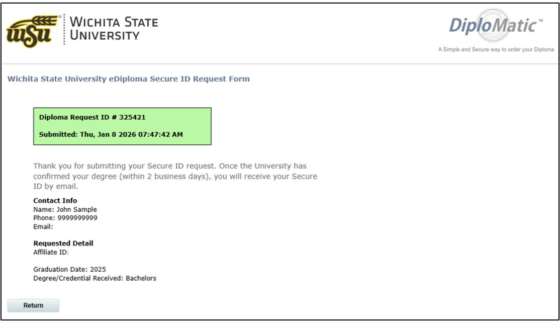 Computer image of the confirmation page.