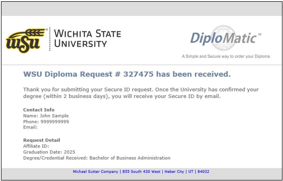Computer image of email confirming the request.