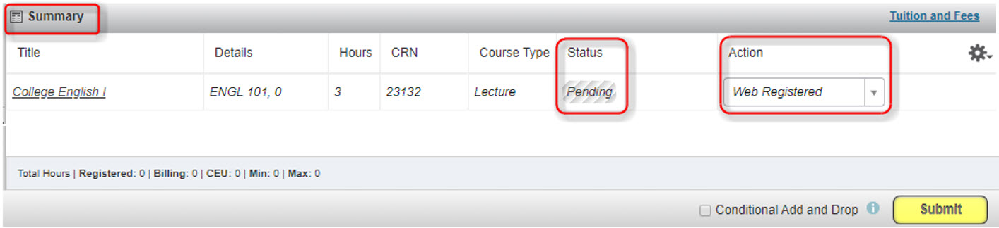 computer image showing a class with pending status