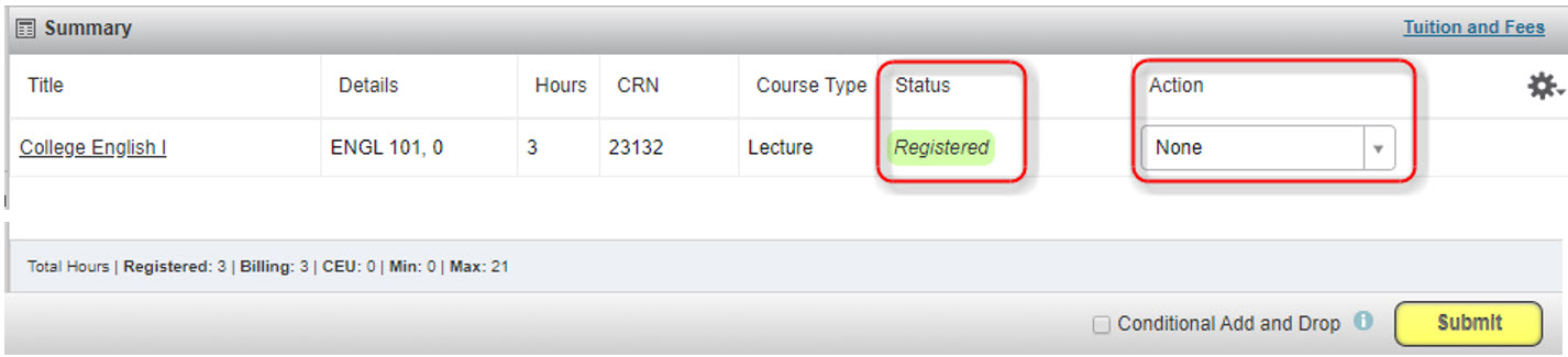 computer image showing class status as registered