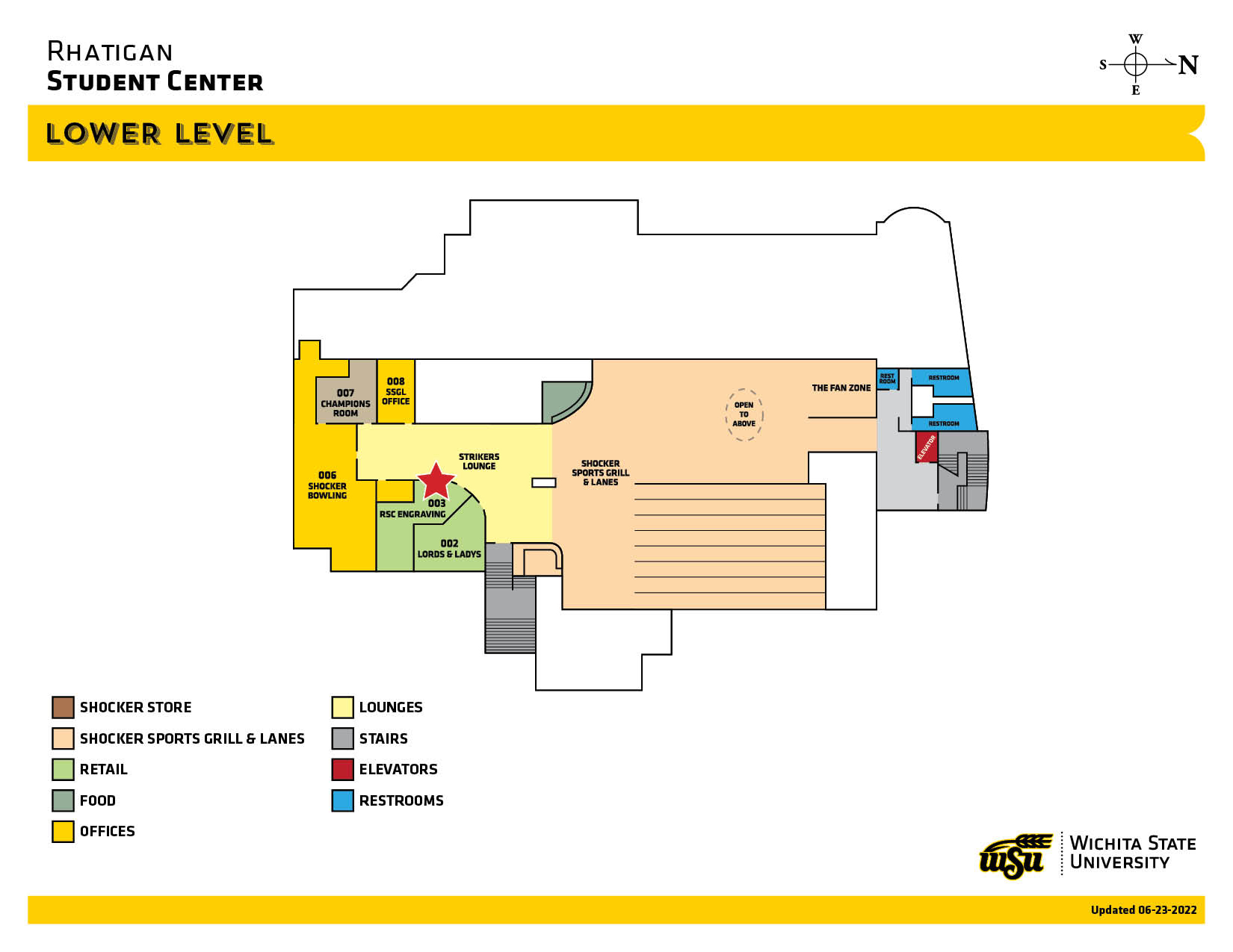 Lower level of the Rhatigan Student Center showing the Shocker Sports Grill and Lanes, RSC Engraving, Lord's and Lady's Salon, Shocker Bowling, and the textbook level of the Shocker Store. This is a space for gathering, eating, and entertainment.