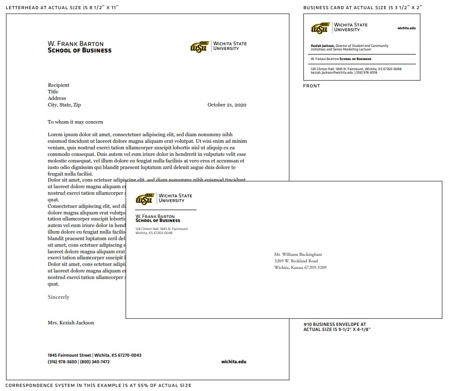 University stationery, including letterhead, envelope and business card at 55% their actual size.
