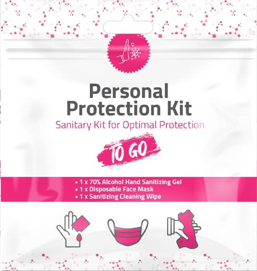 personal protection kit that includes 1 alcohol hand sanitizing gel, 1 Disposable face mask and 1 sanitizing cleaning wipe Photo of personal protection kit that includes 1 alcohol hand sanitizing gel, 1 Disposable face mask and 1 sanitizing cleaning wipe