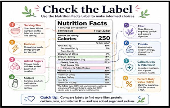 Check the label Photo showing how to check different sections of a food label and what to look for