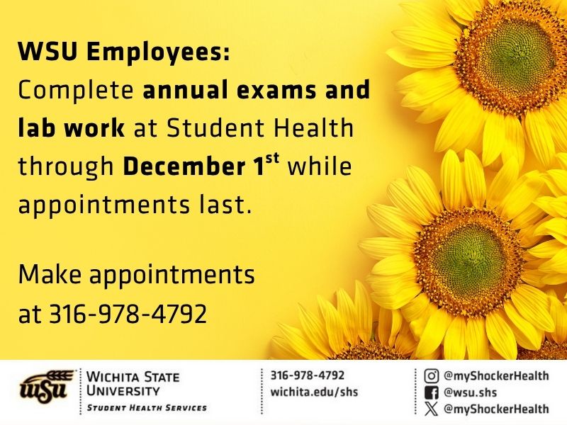 Informational flyer for WSU employees encouraging them to complete annual exams and lab work at Student Health by December 1st, while appointments last. Includes contact number 316-978-4792 to make appointments. Features sunflower imagery and Wichita State University Student Health Services branding and contact info