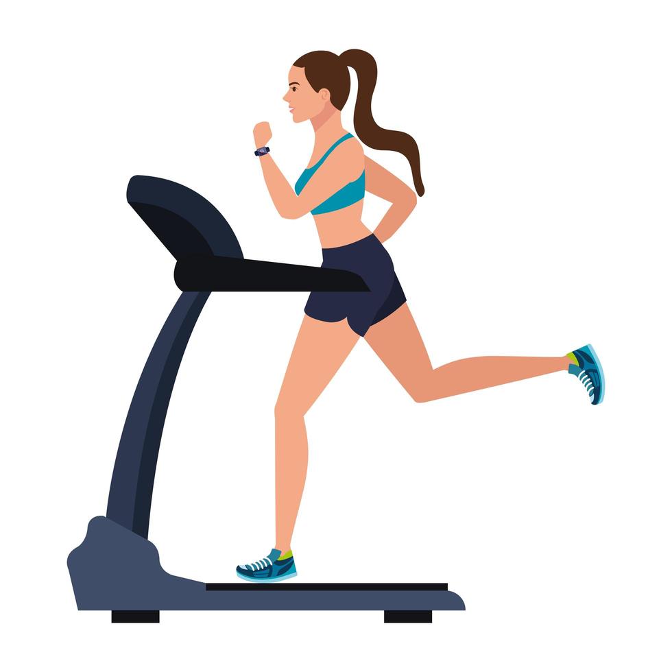 Illustration of a woman running on a treadmill, wearing athletic clothing and sneakers, with a ponytail and fitness tracker on her wrist.