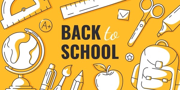 Back to school illustration with school supplies including a globe, ruler, scissors, glue, backpack, apple, pencil, pen, and paintbrush on a yellow background.