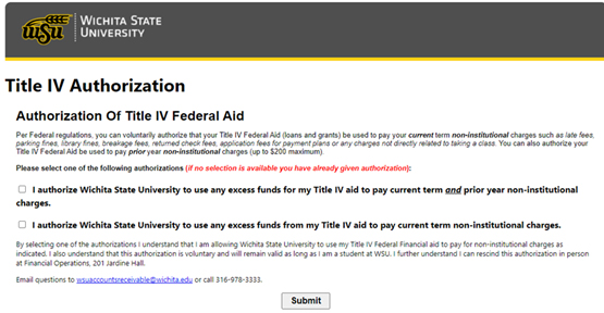 Title IV Federal Aid authorization screen