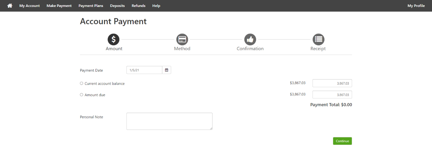 Student Account Suite payment screen