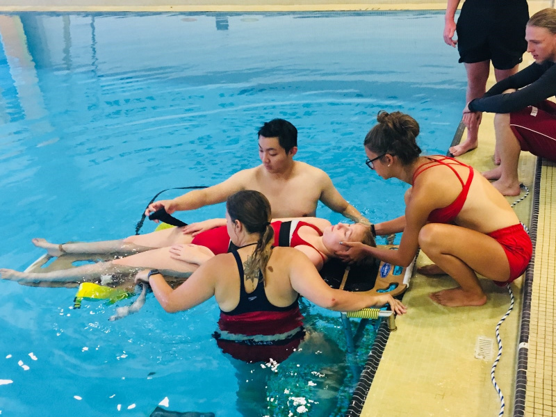 Lifeguards being trained using a water board