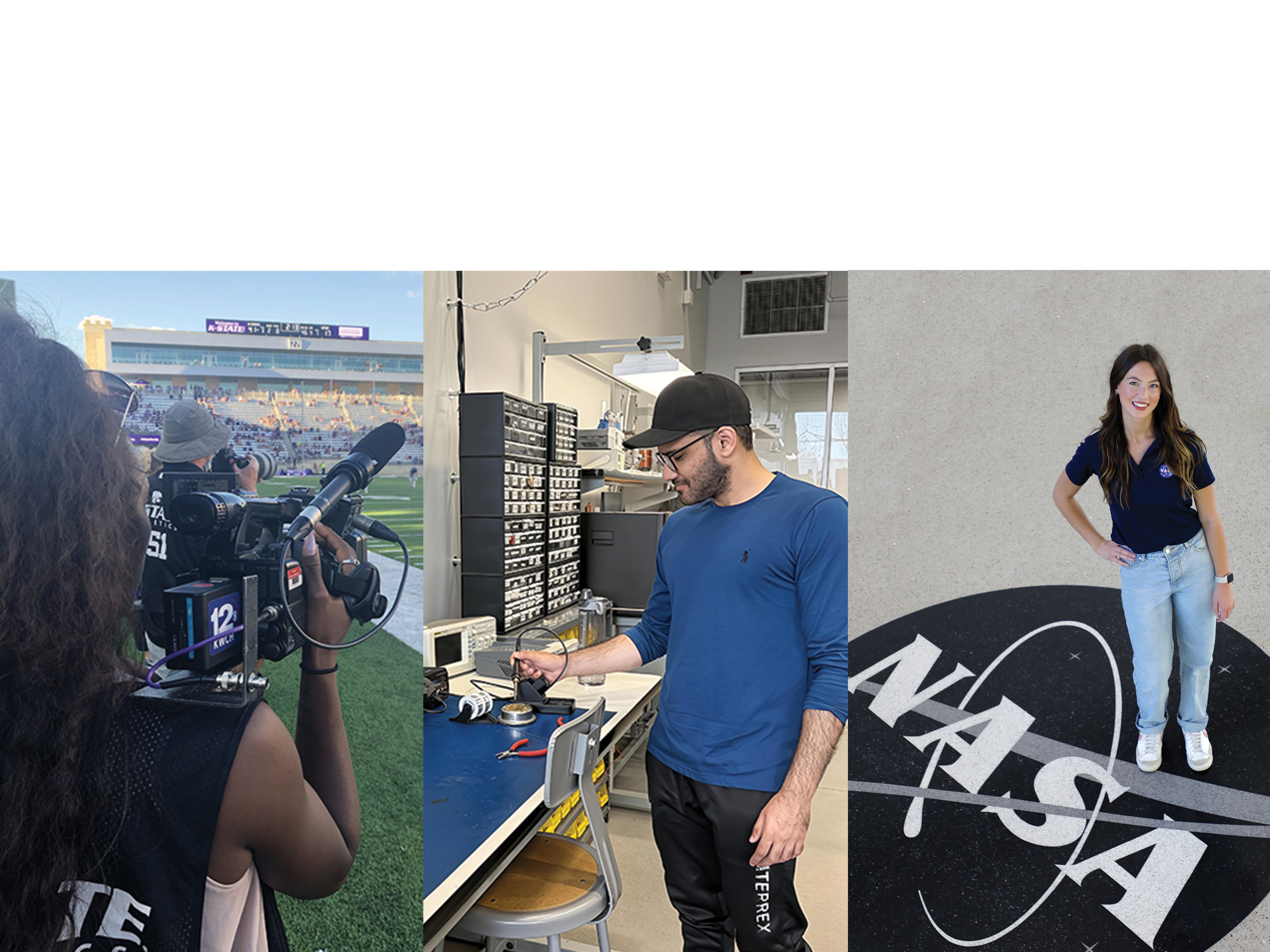 Daysha Bullocks, Minhal Abbas, and Lauren Coffman work at their respective applied learning experiences.