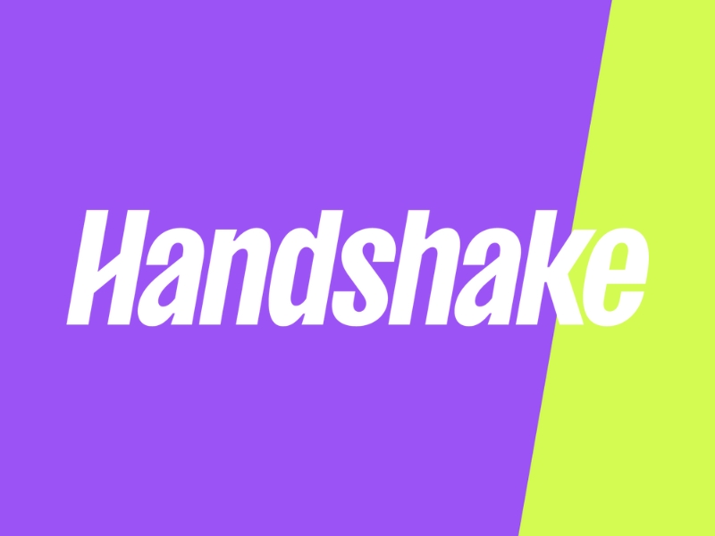 Image of purple and yellow background with the text "Handshake"