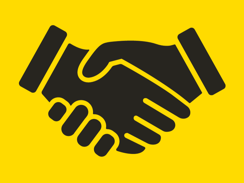 Image of a black handshake icon on a shocker yellow background.
