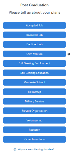 Screenshot that says "Post Graduation" with a subheading that reads "Please tell us about your plans" then includes many different employment options.