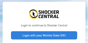 Shocker Central logo with the text, "Login to continue to Shocker Central" below the text is a blue button that says, "Login with your Wichita State SSO".