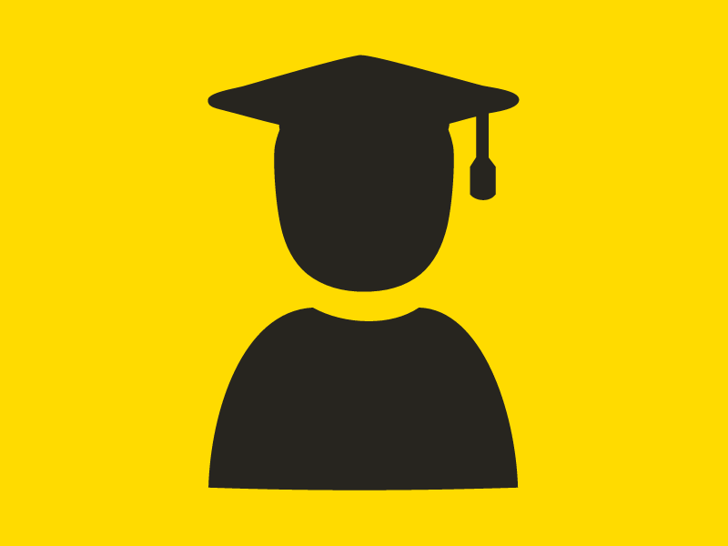 Image of a black icon of a student with a grad cap on a shocker yellow background