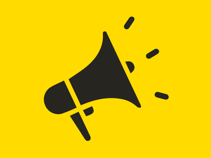 Image of a black megaphone icon on a shocker yellow background.