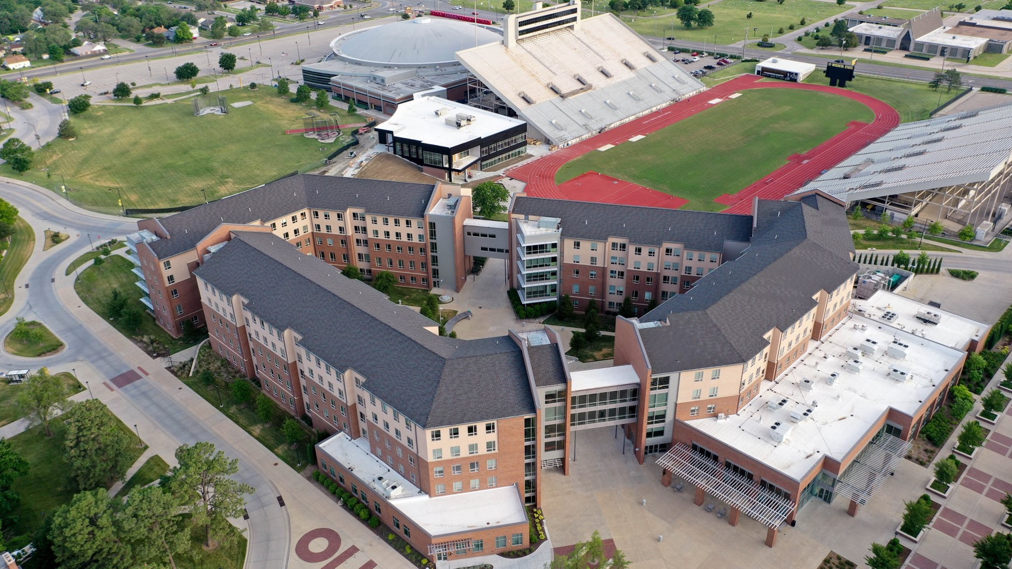 Photograph of Shocker Hall from a drone in flight. 